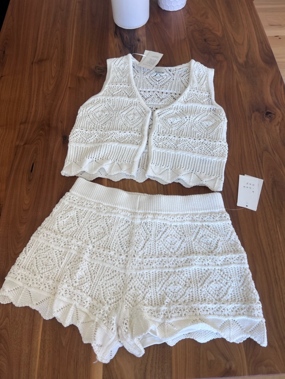 White Crochet Knit Two-Piece Set - Tank Top & Shorts